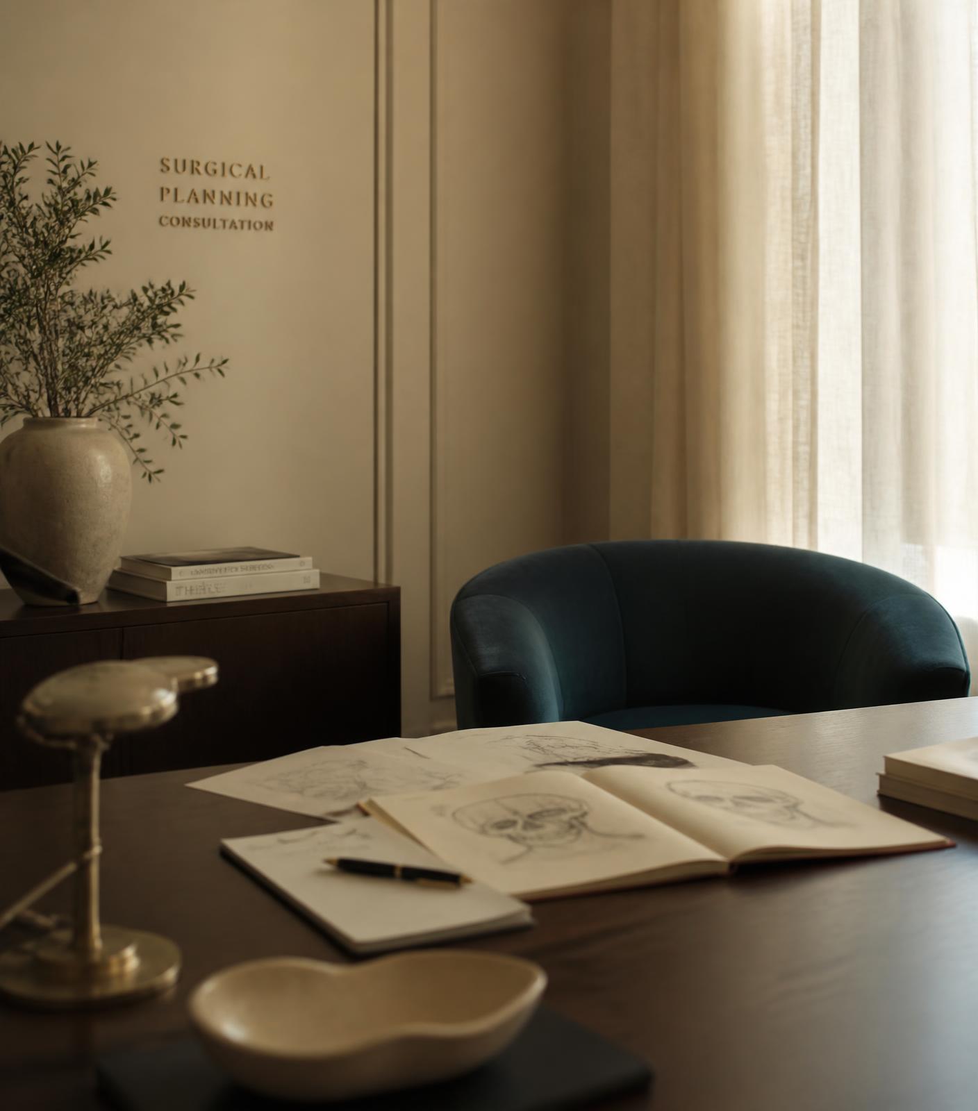 Surgical planning consultation room at VSculpt in Chennai, with anatomical sketches on the desk